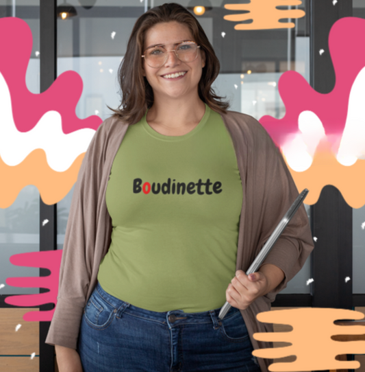 T-shirt "Sensuelle, pulpeuse, ronde, voluptueuse, désirable, provocante" avec le texte au dos