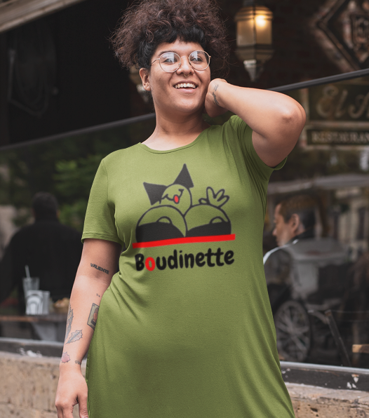 Robe "Bas les pattes" avec le logo et le texte au dos | Les Boudinettes