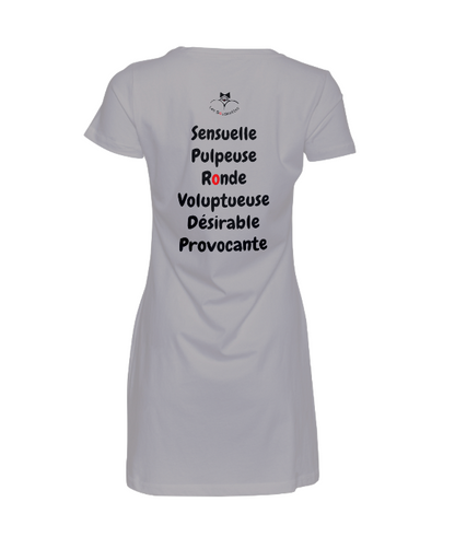 Robe "Sensuelle, pulpeuse, ronde, voluptueuse, désirable, provocante" avec le logo et le texte au dos