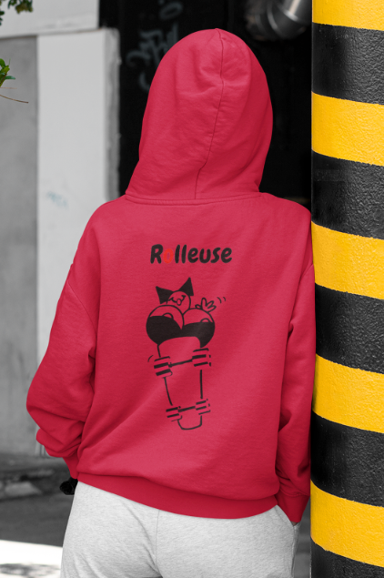 Sweat-shirt avec logo à l'avant et texte "Rolleuse" à l'arrière