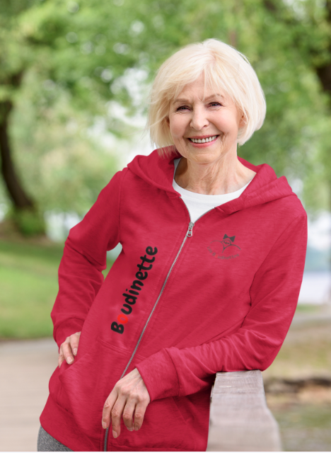 Sweat-shirt avec logo et texte à l'avant, et dessin "Rolleuse" à l'arrière