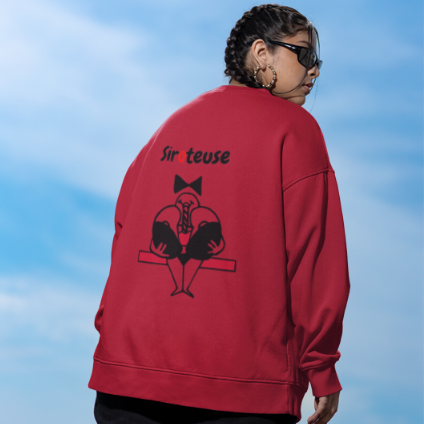 Sweat-shirt avec logo et texte à l'avant, et dessin "Siroteuse" à l'arrière