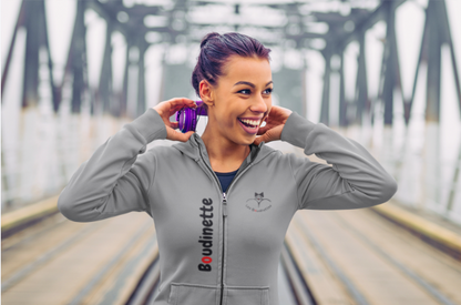 Sweat-shirt avec logo et texte à l'avant, et dessin "Surfeuse" à l'arrière