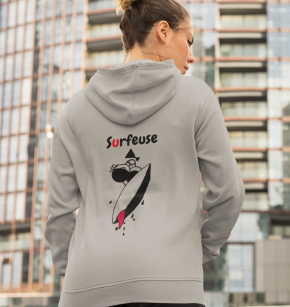 Sweat-shirt avec logo et texte à l'avant, et dessin "Surfeuse" à l'arrière