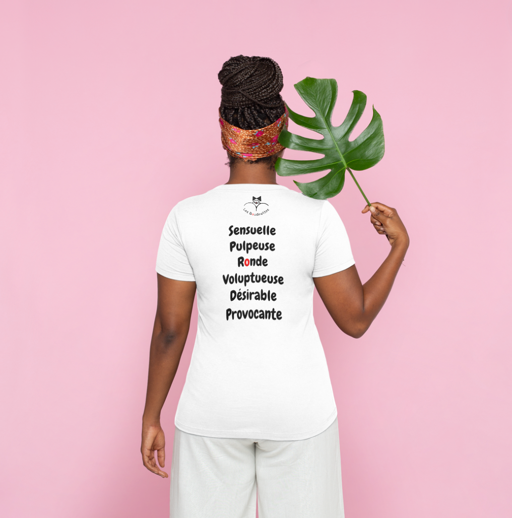 T-shirt "Sensuelle, pulpeuse, ronde, voluptueuse, désirable, provocante" avec le texte et le logo au dos