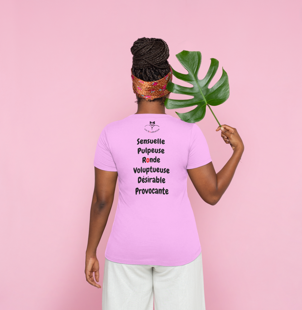 T-shirt "Sensuelle, pulpeuse, ronde, voluptueuse, désirable, provocante" avec le texte et le logo au dos