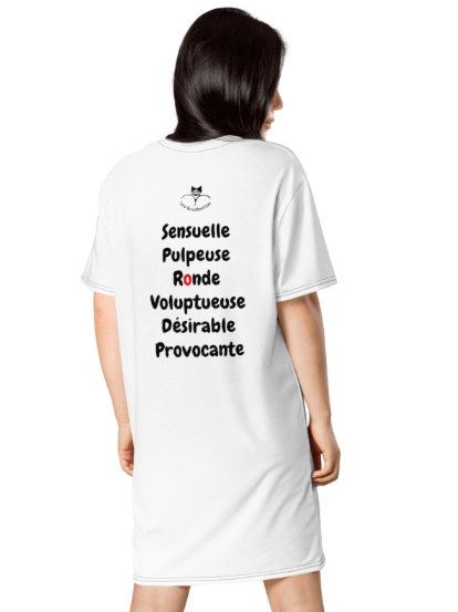 Robe "Sensuelle, pulpeuse, ronde, voluptueuse, désirable, provocante" avec le logo et le texte au dos