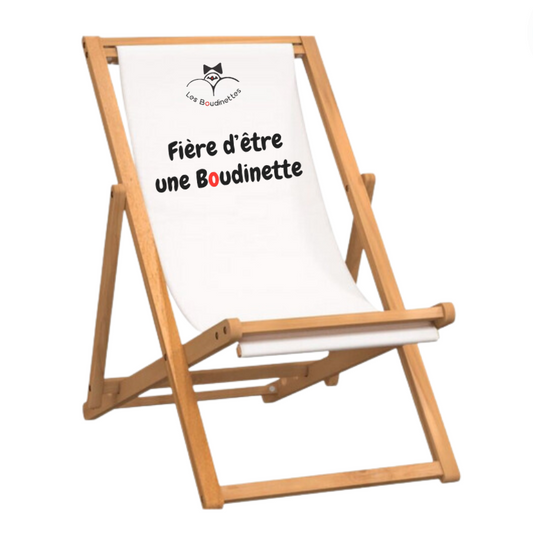 Chaise Longue avec le Message "Fière d'Être une Boudinette" et Logo Les Boudinettes