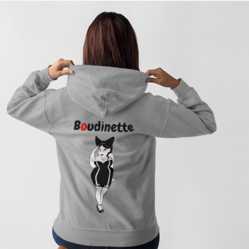 Sweat-shirt avec logo et texte à l'avant, et dessin "Boudinette" à l'arrière