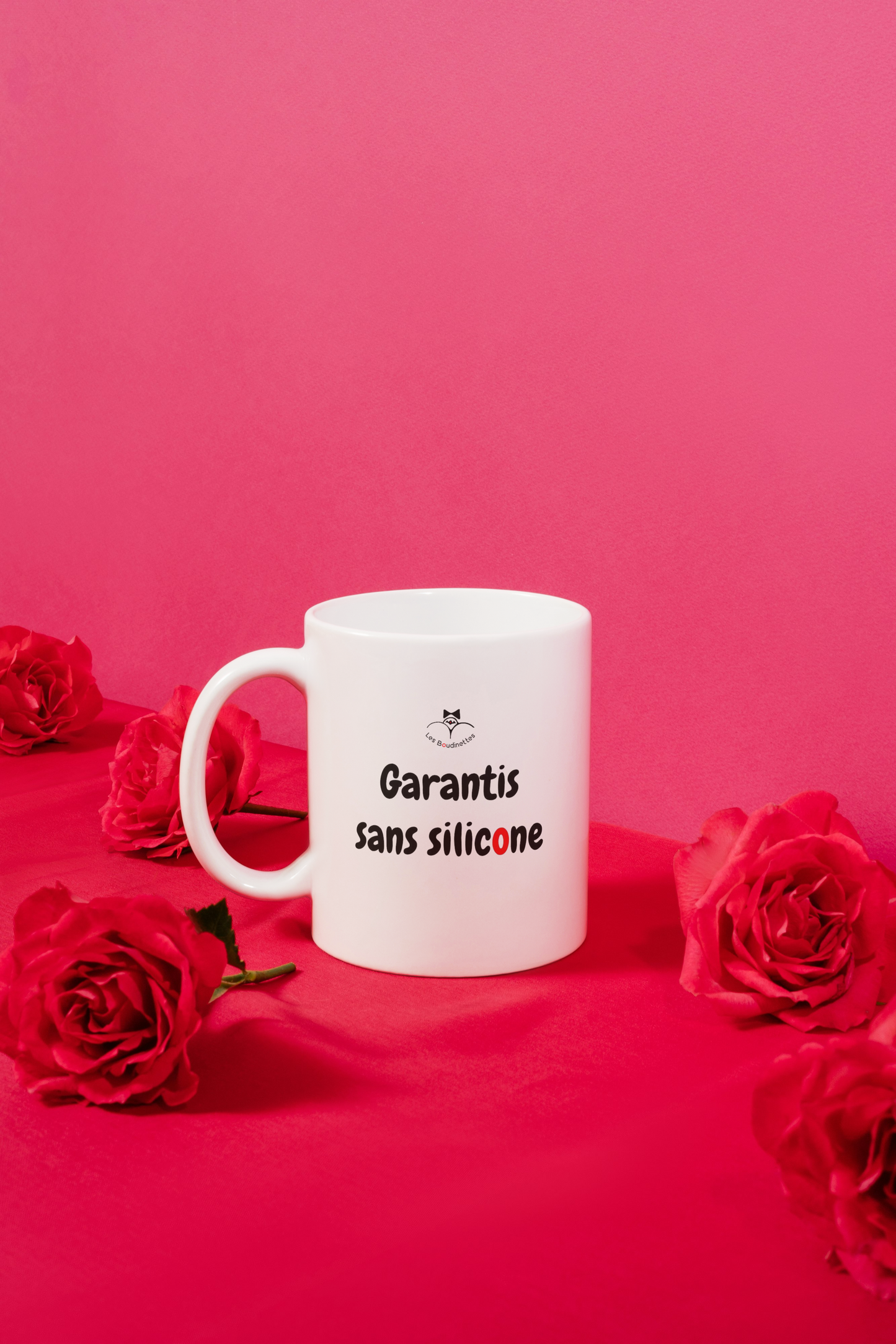 La tasse avec le message "Garantis sans silicone"