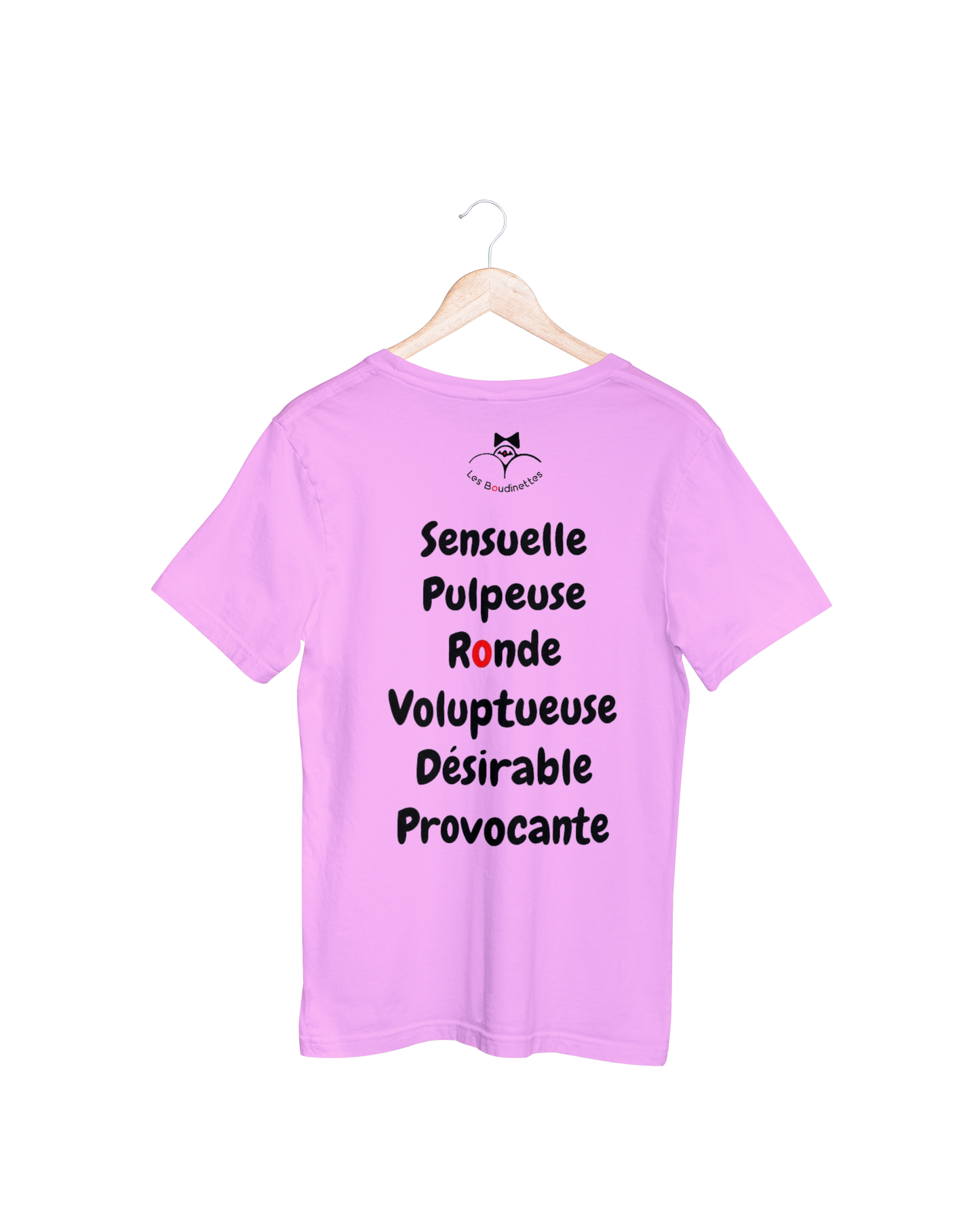 T-shirt "Sensuelle, pulpeuse, ronde, voluptueuse, désirable, provocante" avec le texte au dos