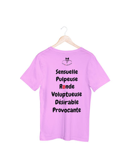 T-shirt "Sensuelle, pulpeuse, ronde, voluptueuse, désirable, provocante" avec le texte au dos