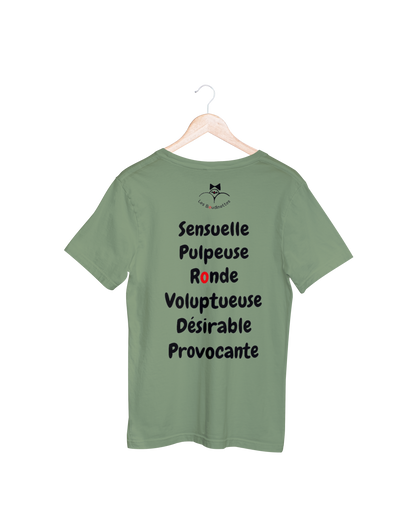 T-shirt "Sensuelle, pulpeuse, ronde, voluptueuse, désirable, provocante" avec le texte au dos